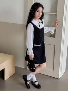 Dazy Kids Tween Girls' Loose Waist Peter Pan Collar Princess 2 In 1 Dress, Plus Size - Black - View 5