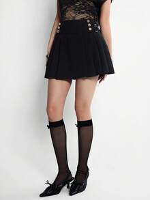 INAWLY Rok Lipit Warna Polos untuk Wanita - Hitam - View 2