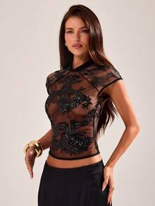 SHEIN BAE Sexy elegantes transparentes schwarzes Top mit Drachenmuster, Perlenstickerei, chinesischem Stil und Spitzen-Patchwork, Damen-Totem-Stickerei für Nachtausgang, Date Night, Sommer - Schwarz - Übersicht 9