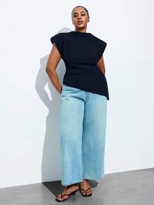 Maija Plus Size Summer Fashion Solid Color Wide Shoulder Asymmetric Hem Tank Top - Navy Blue - View 2