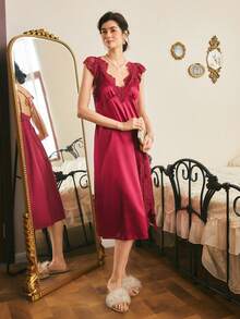 Côtesoire Elegant And Noble French Romantic Lace Patchwork Backless Tie Hollow Out Ruffle Satin Women Nightgown - Burgundy - View 5