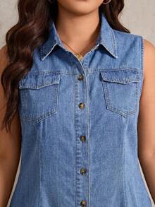 SHEIN CURVE+ CURVE+ Plus Size Women's Sleeveless Denim Shirt Dress, Casual Everyday & Summer Dresses For Women - Light Wash - View 3