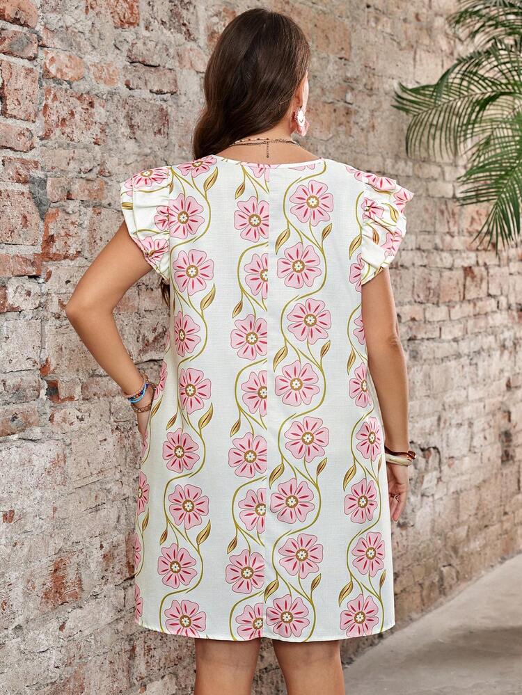 Plus Size Women Floral Print Round Neck Ruffle Sleeve Loose Casual Dress