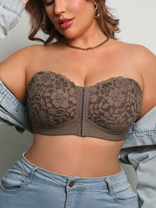 DesireSculpt Plus Size Wireless Lace Front Closure Bra, Sexy Lift And Gather, Invisible Back Bra, 1pc - Mocha Brown - View 7