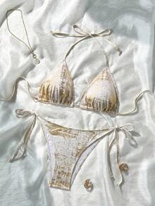 SHEIN Swim 女款掛脖細肩帶三角杯比基尼套裝，夏季海灘熱帶度假派對閃亮白色性感款 - 彩色 - 查看 1