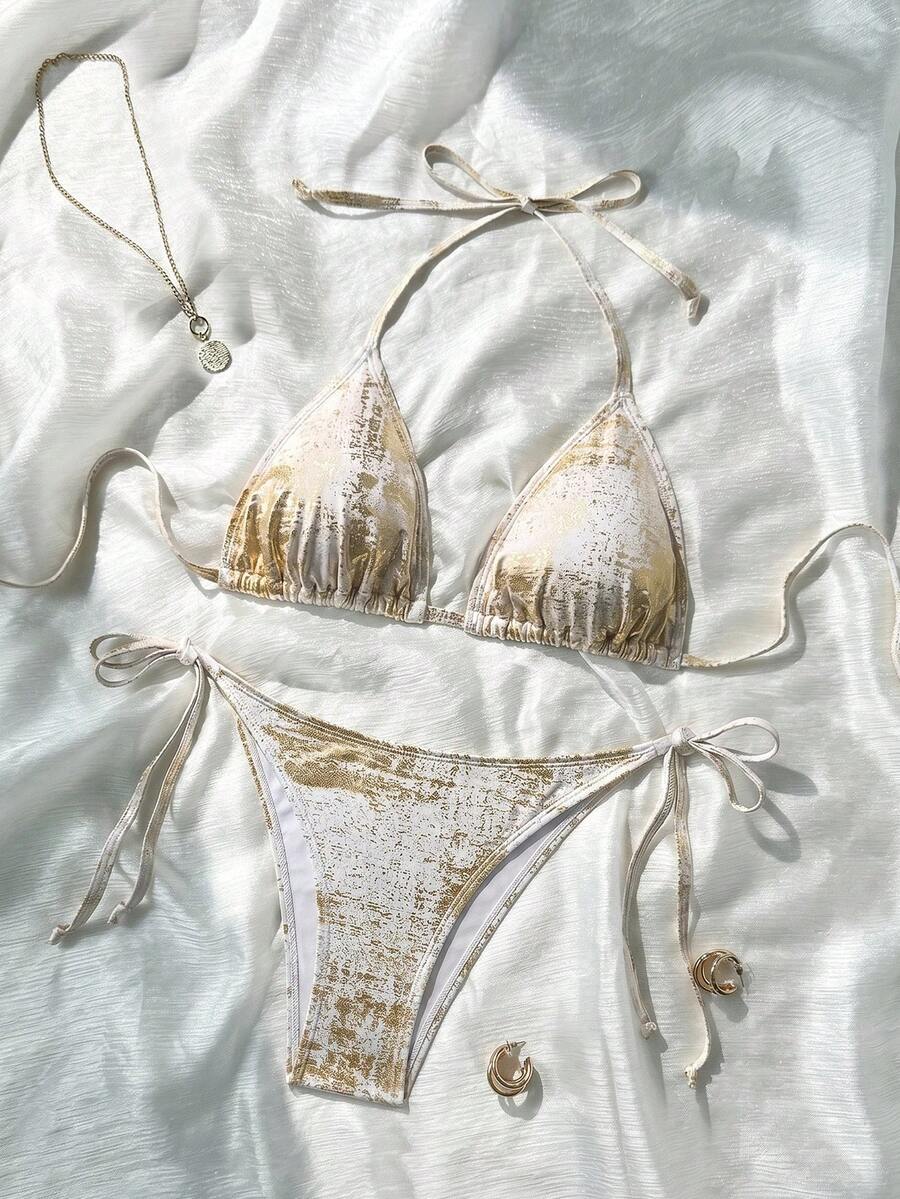SHEIN Swim 女款掛脖細肩帶三角杯比基尼套裝,夏季海灘熱帶度假派對閃亮白色性感款 - 彩色 - 查看 1