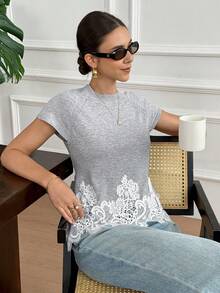 Serisse Women's Contrast Lace Hem Raglan Sleeve Knit Top - Grey - View 8