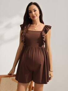 SHEIN GentleRue Maternity-D 女款印花荷葉邊哺乳連身褲，度假必備，拉鍊式胸口開口方便哺乳 - 咖啡棕 - 查看 6