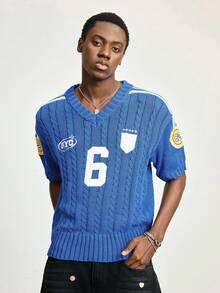 ROMWE MEN Prep World Cup Men's Numeric Embroidery Short Sleeve Knit Top - Blue - View 5