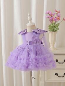 SHEIN Glamorique Kids 幼女可愛薄紗蓬蓬裙，蝴蝶結珍珠裝飾，生日花童派對婚禮舞會公主禮服，紫色夏季優雅款 - 紫色 - 查看 3