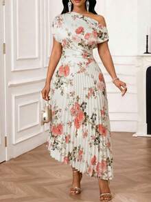 SHEIN Lady Women's Elegant Party Garden Party Floral Print Asymmetric Neckline Pleated Hem Midi Dress White And Pink Summer - Multicolor - View 5