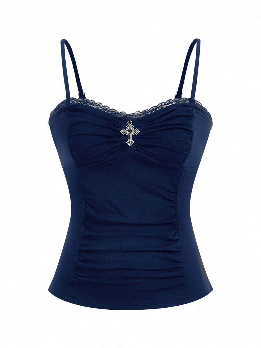 ROMWE Goth Top con colgante de cruz gótica, patchwork de encaje y fruncido para mujeres - Azul Marino - Ver 1