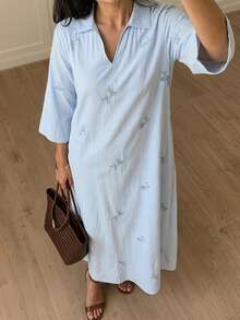 Solavon Vacation Embroidered Collar Metal Button Decor Women's Dress Garden Party Light Blue Autumn French Style - Blue - View 2