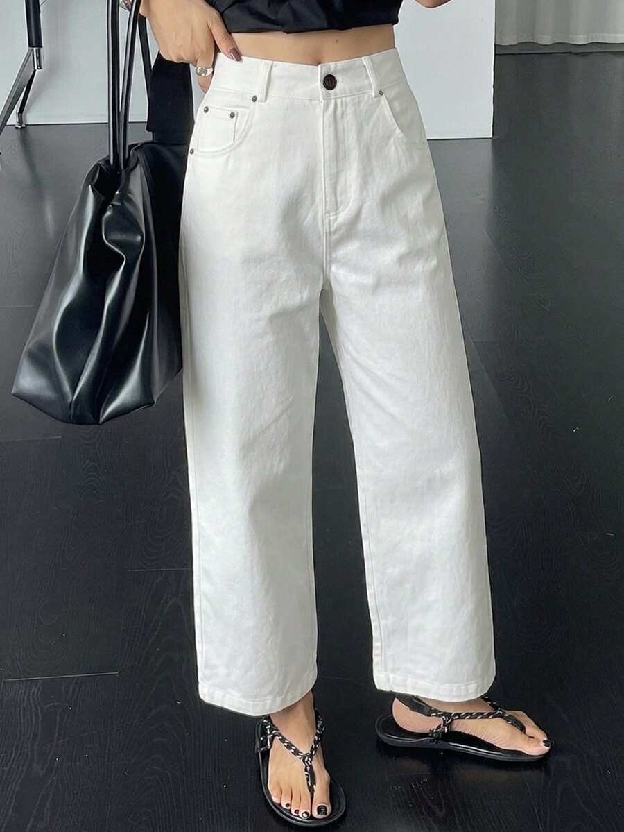 DAZY Women's Solid Color Pocket Button Casual Versatile Daily Wear Pants - White - View 1