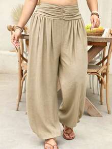 SHEIN LUNE Plus Size Khaki Solid Color Lantern Pants For Vacation And Casual Wear Vacation  Autumn Fall - Apricot - View 4