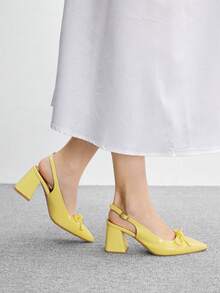 CUCCOO BIZCHIC 女款時尚高跟鞋，蝴蝶結粗跟 PU 全球四季通勤優雅百搭，適合節日度假辦公室戶外日常 - 黃色 - 查看 3