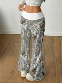 Coolane Women's White Winter Casual Streetwear Retro Leaf Print Wide Leg Pants,Vintage Y2K Punk Downtown Girl Yoga Palazzo Trousers For Date,Spring Summer - Multicolor - View 3