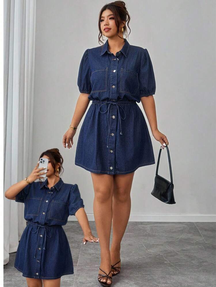 Elenzga Plus Size Women Elegant Comfortable Loose Navy Blue Non-Stretch Denim Dress - Dark Wash - View 8