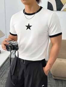 Manfinity BRENVOR 男士夏季休閒星星印花圓領短袖對比飾邊T恤 - 黑與白 - 查看 3