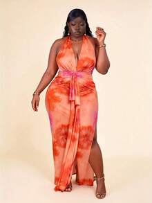 CurvyTilda Plus Size Women Elegant Long V-Neck Knit Dress, 4th Of July Curve,Wedding Guest Dress Women,Back To School Girls Clothes,Floral Dress Party Summer - Orange - View 5