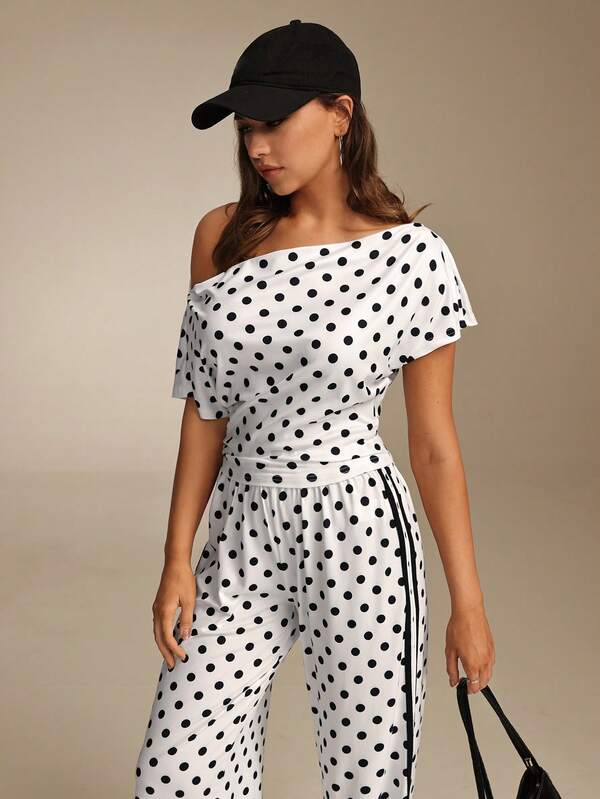 SHEIN Glamour Minimalist Casual White Polka Dot Asymmetric Asymmetrical Shoulder Design Women's Top, High-Waisted Wide-Leg Women's Pants With Black Contrast Stripe Design On The Side, Women's 2-Piece Sportswear Set, Suitable For Daily Commute, Outdoor Sports, And Casual Home Wear