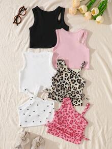 SHEIN Playful Pals 6件組幼兒女嬰夏季Y2K波希米亞風柔軟豹紋愛心粉色白色黑色上衣背心套裝，海灘陽光羅紋單肩T恤上衣，日常休閒合身裝 - 彩色 - 查看 2