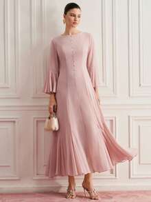 SHEIN Women's Solid Color Button Design Elegant Flare Sleeve Dress Dinner Light Pink Autumn - Beige - View 7