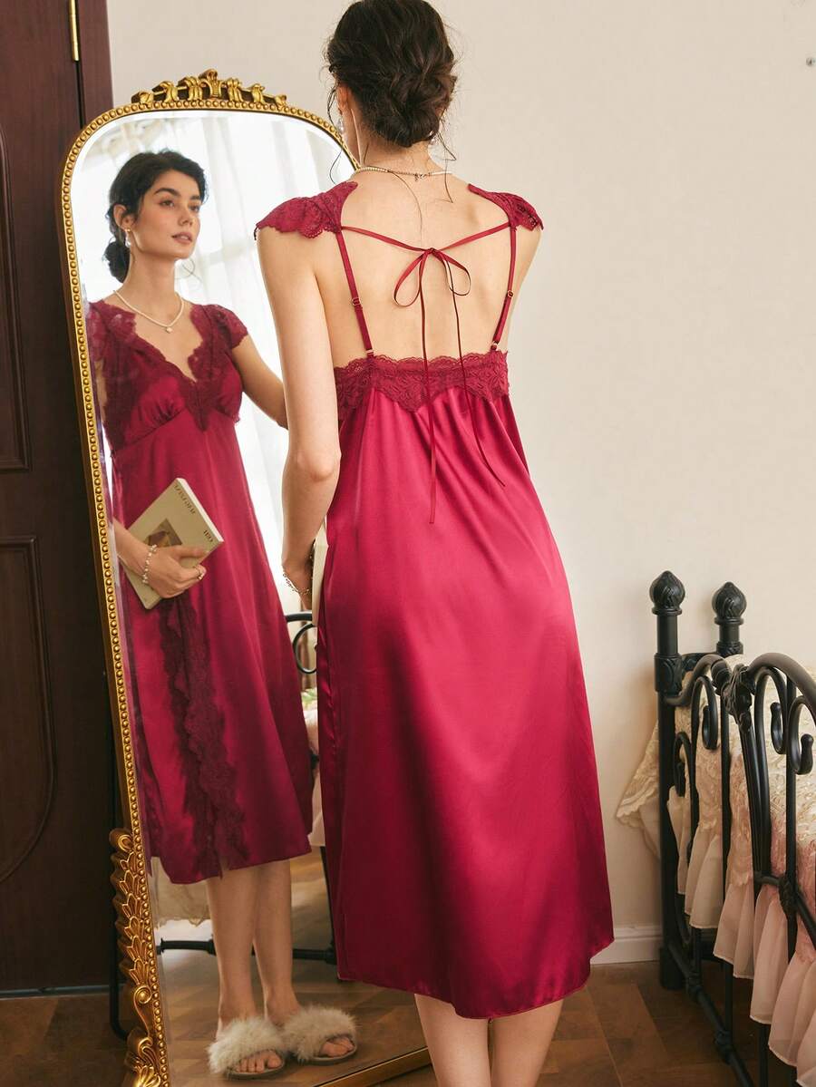 Côtesoire Elegant And Noble French Romantic Lace Patchwork Backless Tie Hollow Out Ruffle Satin Women Nightgown - Burgundy - View 1