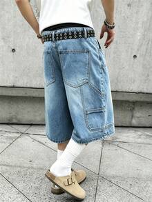 Manfinity EMRG 男士寬鬆休閒街頭風百慕達牛仔短褲，附口袋，淺藍色，適合城市度假、夏季、假期 - 藍色 - 查看 4