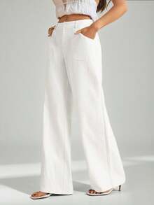 SHEIN Tall 100% Washed Cotton Low Waist Straight Pants - White - View 3