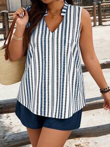 Weeklong Plus Size Women Striped V-Neck Top And Shorts Casual Daily Outfit - Multicolor - View 3