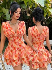 SHEIN SXY 花卉印花度假風溜冰裙，深V領無袖 - 彩色 - 查看 7