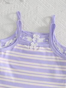 4pcs/Set Young Girl' Sweet & Cute Pink Series Floral & Striped Print Camisole & Shorts Underwear Set Autumn Fall - Mauve Purple - View 4