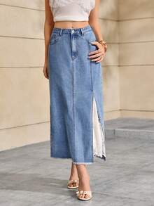 Selenza Women's Retro Casual Loose Lace Trim Denim A-Line Skirt - Light Wash - View 8