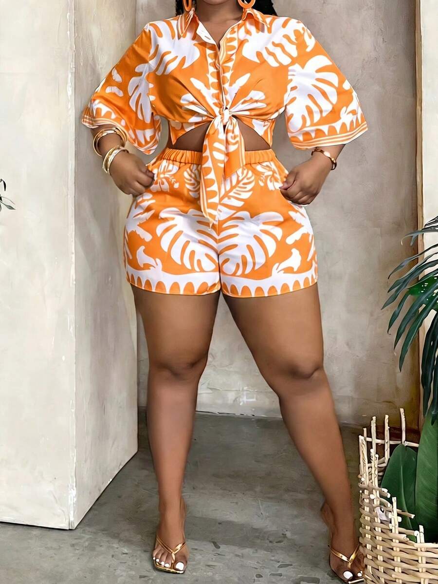 Veslaya Spring/Summer New Loose Short Sleeve Shirt Top & Shorts 2 Pieces Party, Sunbathing, Plus Size - Orange - View 1