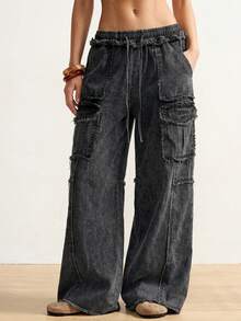 Bohemela Plus Size Women's Fashion Versatile Drawstring Waist Pocket Casual Cargo Denim Pants - Black - View 5