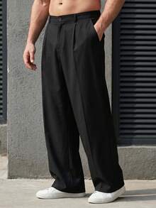 DRIVNCORE 男士大码休闲日常工作服褶裥斜插口袋纯色西装裤 - 黑色 - 查看 3