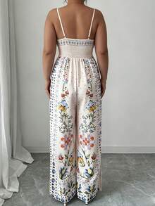 Celure Jumpsuit Kasual Tanpa Lengan Leher V dengan Tali Serut di Pinggang dan Kaki Lebar, Putih, Ukuran Besar, Musim Semi/Panas/Gugur - Putih - View 2