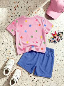 THE POWERPUFF GIRLS X SHEIN GraphicGems 女嬰 Powerpuff Girls 夏季星星彩虹印花 T-shirt + 牛仔效果印花短褲 卡通休閒可愛套裝 返校季 粉色與淺藍色 - 粉色 - 查看 2