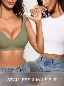 SHEIN 1pc Ocili Women's Minimalist Comfortable Seamless Jelly Gel Wirefree Removable Padded Bra Olive Green Summer - Green - View 7