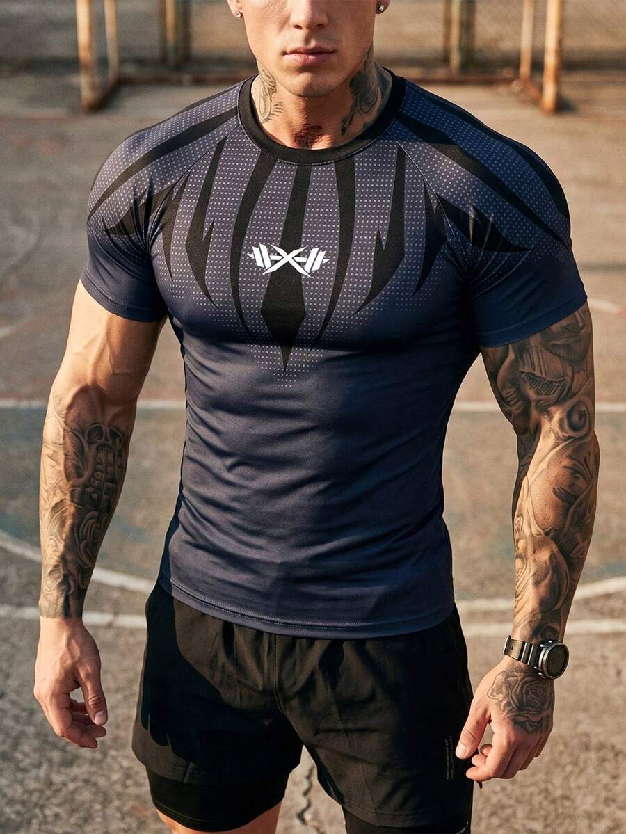 GymBeat Men's Barbell Print Raglan Short Sleeve Sports T-Shirt, Gym, Holiday - Multicolor - View 1