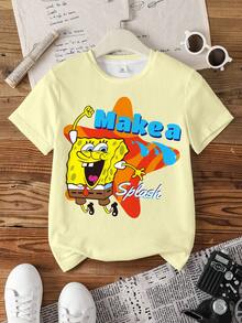SpongeBob SquarePants | SHEIN Áo thun in hoạt hình thường ngày cho bé trai tuổi teen, mùa hè - trắng - Xem 1