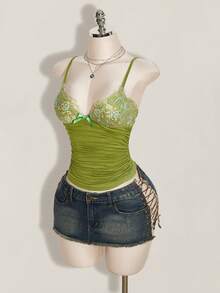 SHEIN ICON Contrast Lace Ruched Y2k Cami Top - Green - View 5