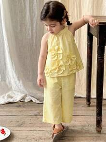 SHEIN LMoss Kids Bộ 2 món áo thun và quần legging không tay màu trơn dệt kim cho bé gái, kiểu dáng thường ngày. - Nhiều màu - Xem 7