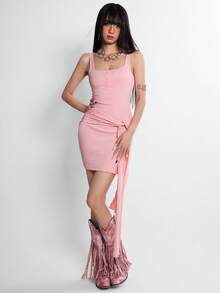 Rina Fox Women's Y2K Style Casual Solid Color Rhinestone Twist Mini Dress, Summer - Pink - View 1