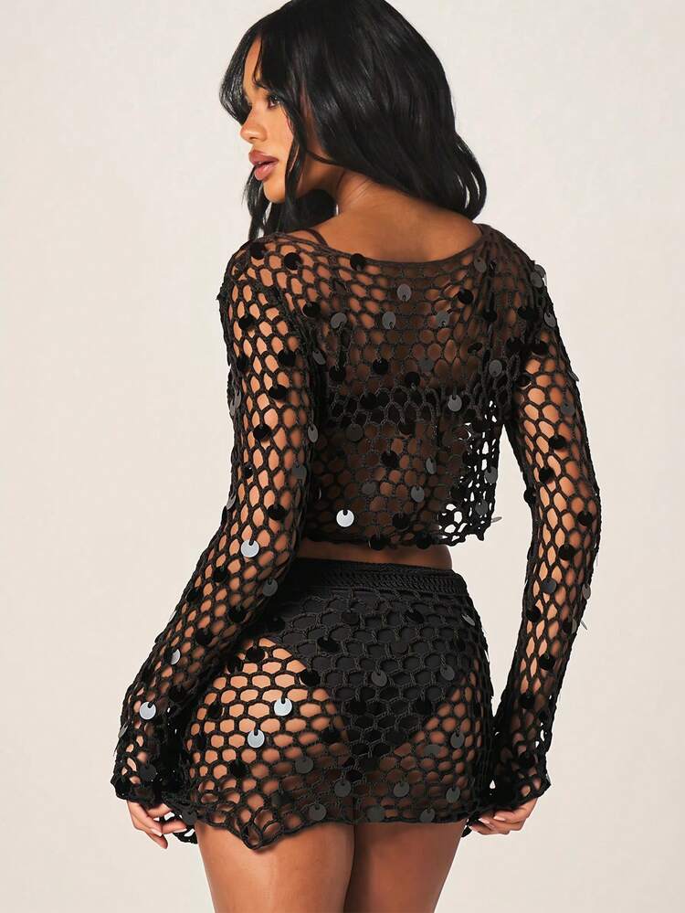 MISSGUIDED Crochet Fishnet Cover-Up Top With Oversized Sequin Embellishments Long Sleeve Crop Beach Summer Festival