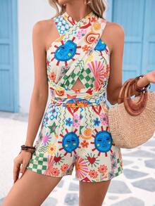 Vivid Eden Women's Vacation Casual All-Over Print Halter Neck Romper - Multicolor - View 4