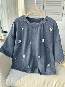 Comfortcana Plus Size Short Sleeve 100%Cotton T-Shirt, Washed Snowflake Pattern, Spring Embroidered Cropped Floral Crew Neck Daisy Pullover, Women Blue - Blue - View 3