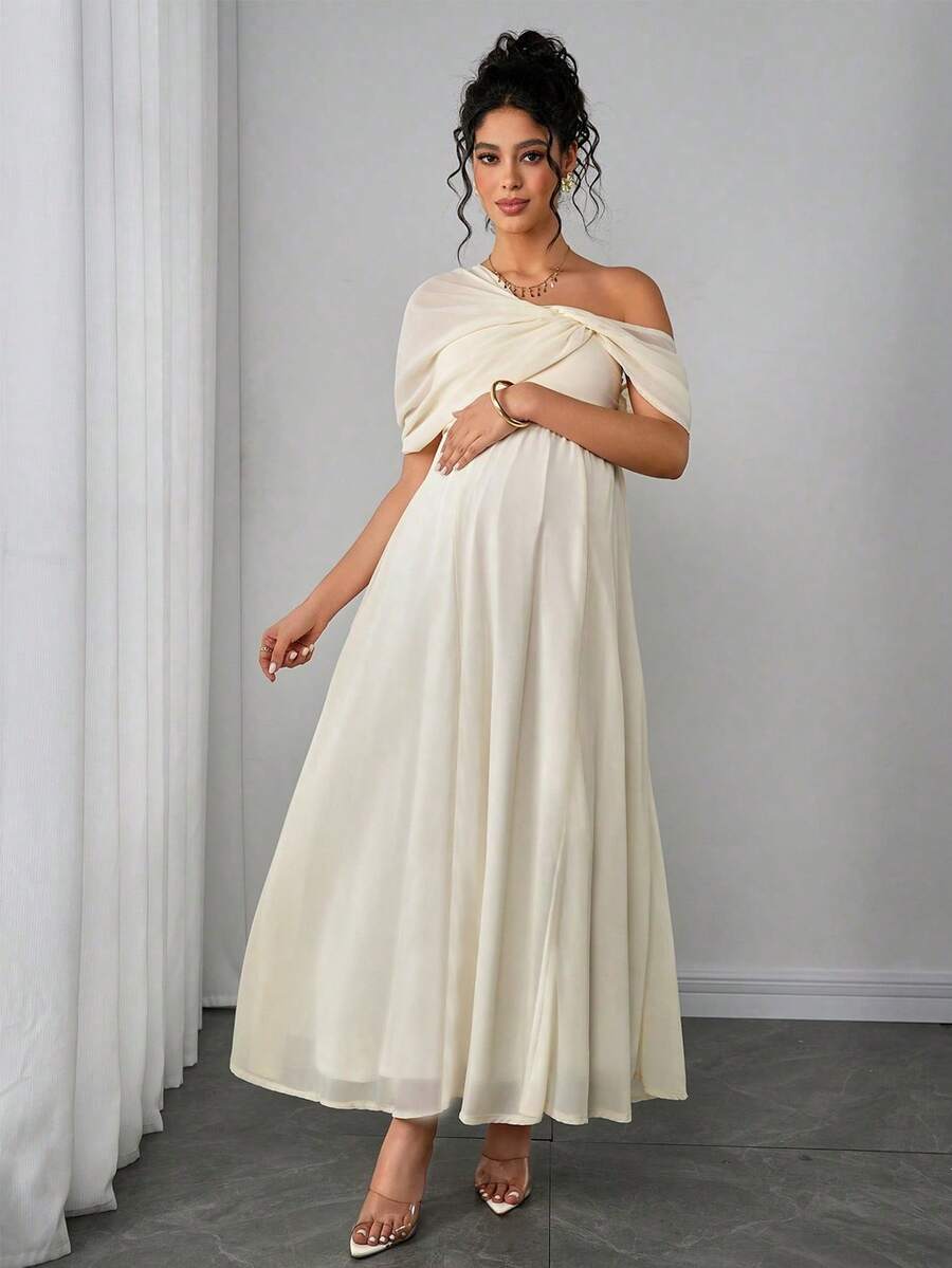 Momance Maternity Dress With One Shoulder Chiffon Top Knit Bottom, Double Layer Rib Fabric Long Autumn Fall Wedding Photoshoot Elegant Cream - Apricot - View 1