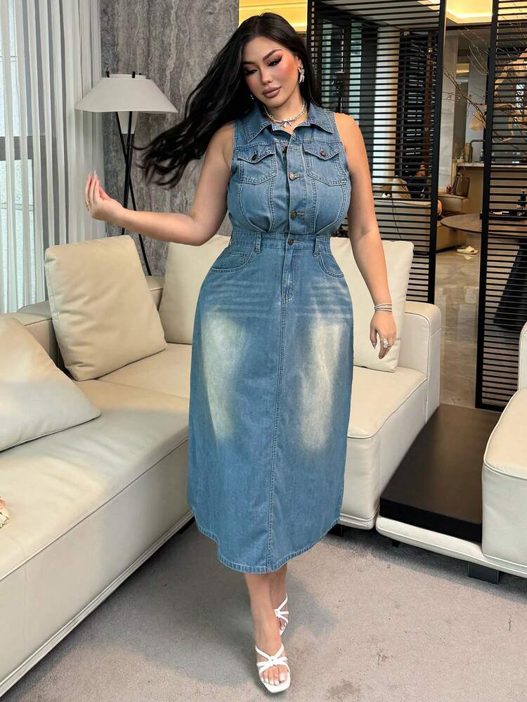 Dazy Plus Plus Size Women's Sleeveless Denim Dress, Casual Crinkle Pocket Design, Sexy Wrap Style, Spring/Summer